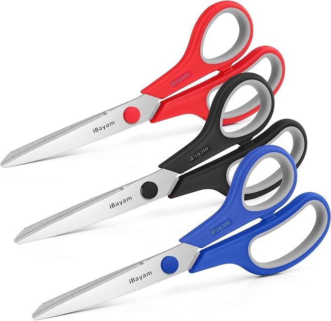 iBayam 8.5" Household Scissors All Purpose 3 Pack, Red Black Blue Scissors | Ultra Sharp 2.5mm Thick Blade Shears Comfort-Grip for Office Desk Sewing Fabric Home Craft School Supplies, Right/Left Handed