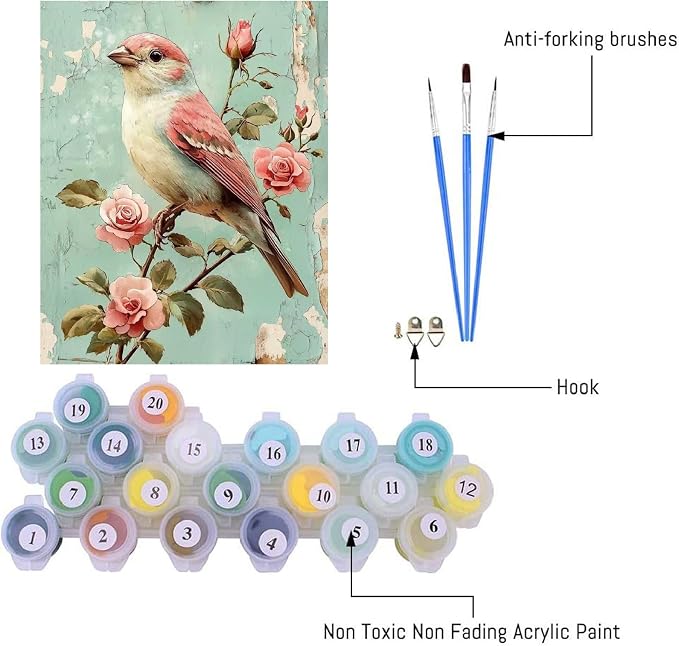 pchmcu Bird Flower Paint by Numbers Kits for Adults,Rose Paint by Number for Adults Beginner, Paint by Numbers Kits on Canvas Without Frame for Home Wall Decor 16x20inch