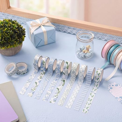 Gueevin 24 Rolls Floral Washi Tapes Set Scrapbook Supplies, Blue Hydrangea | 15 mm Watercolor Flower Washi Tapes, Back to School DIY Craft Arts, Junk Journaling Planner Gift Wrapping Supplies