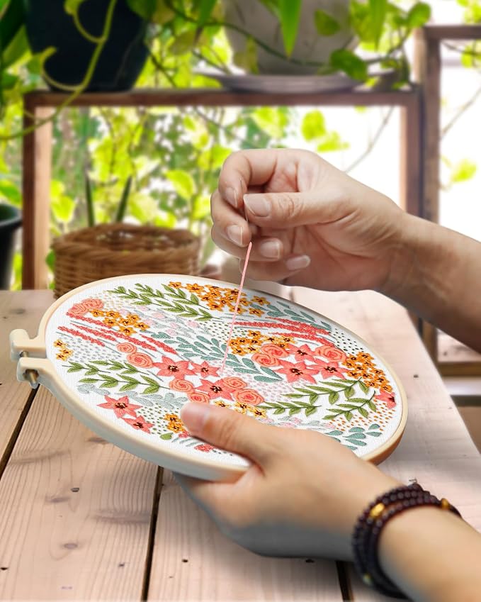TINDTOP Embroidery Kit for Adult, 3 Pack Embroidery DIY Starter Kit, with Stamped Patterns, Hoop, Tools, Colorful Threads with Needles, Instructions (Bouquet) | with Stamped Patterns, Hoop, Tools, Colorful Threads with Needles, Instructions (Bouquet)