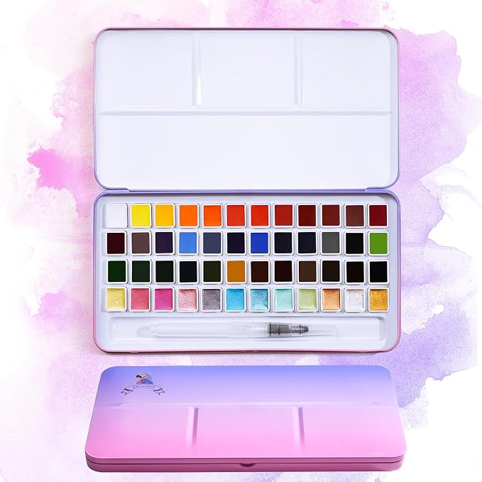 MeiLiang 48 Colors Watercolor Paint Set with Brush | 36 Standard & 12 Glittery Colors, Carrying Box with Metal Ring, Ideal for Beginners, Professionals, and Art Lovers