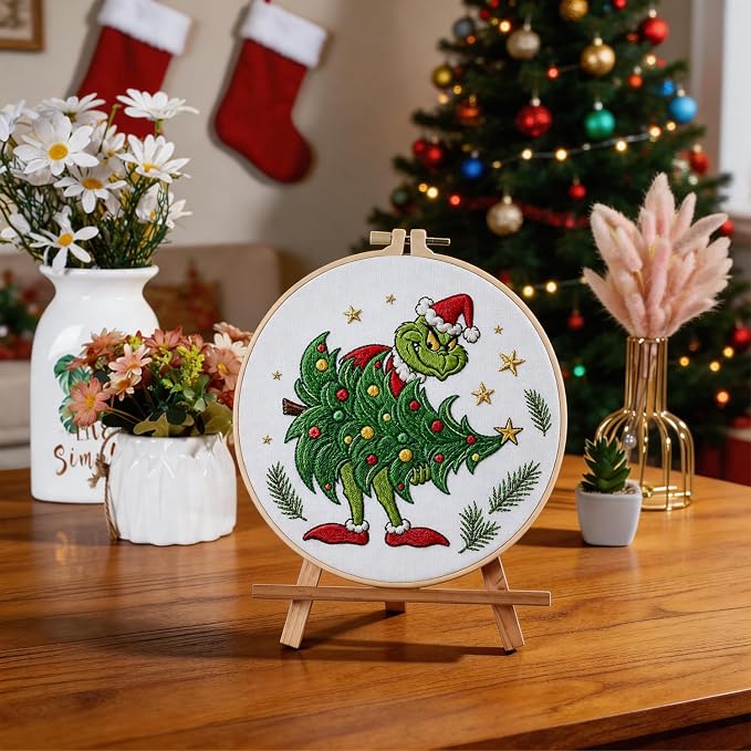 TPZBWG Embroidery Kit, 4 Pack Cross Stitch Kits,DIY Embroidery Starter Kit for Adults & Beginners, DIY Needlepoint Kit with Embroidery Hoop Thread Needle for Craft Lover Birthday Gifts (Green& White)