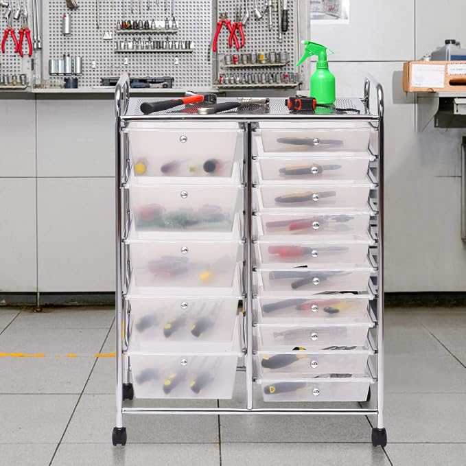 Giantex 15 Drawer Rolling Storage Cart Tools Scrapbook Paper Office School Organizer, Clear