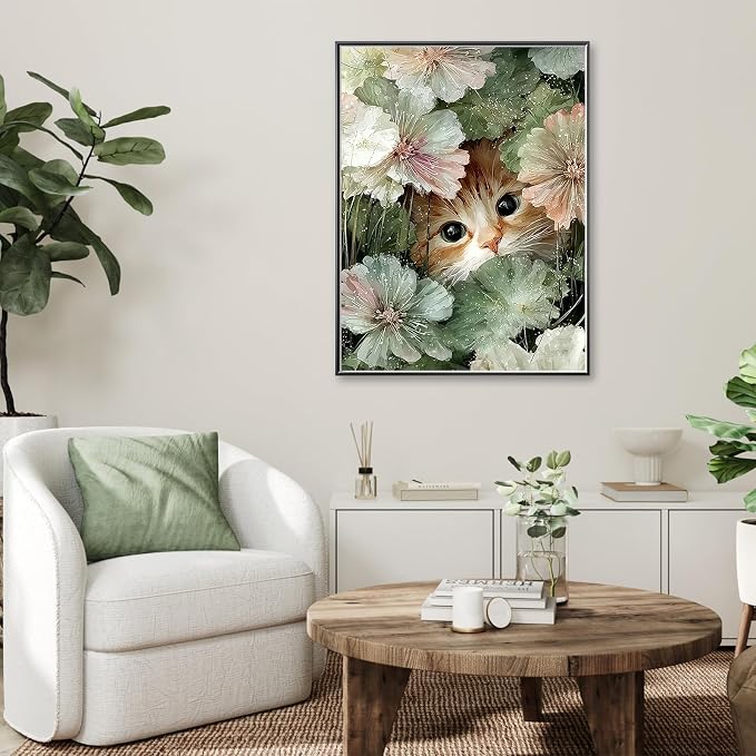 Cute Cat Diamond Art Kits for Adults,Flower Diamond painting Wall Decor