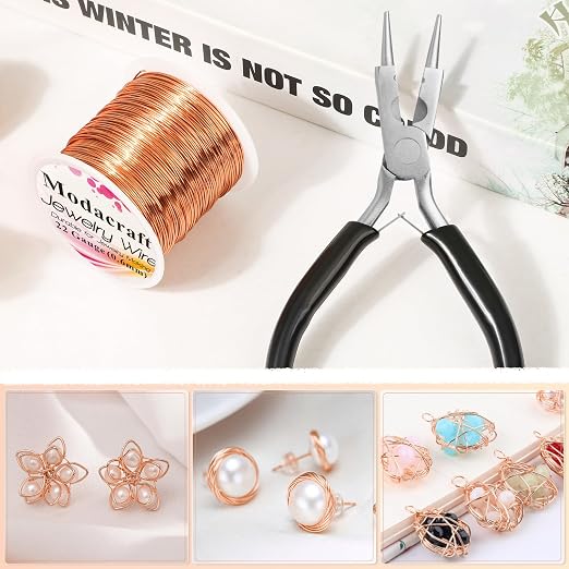 Modacraft 22 Gauge Copper Wire for Jewelry Making with 4 in 1 Plier, 164Ft/0.6mm Craft Beading Pure Bare Copper Wire for Jewelry Making Supplies and Crafting