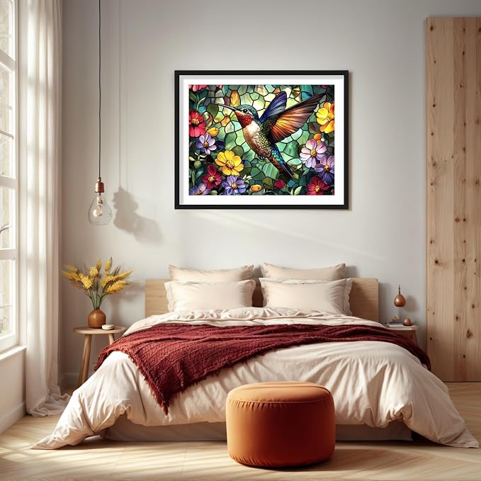 PINFFSHU Hummingbird Diamond Art Paintings Flowers 5D Diamond Painting Kits for Adults DIY Stained Glass Diamond Art Kits Full Drill Gem Art Crafts for Adults Bird Wall Art Decor Gift 16x12 Inch