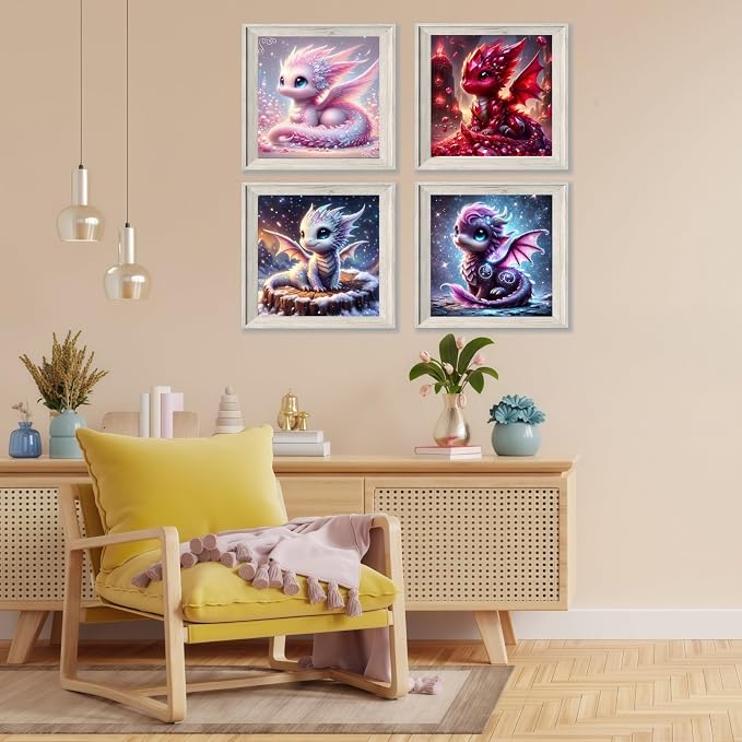 Acelii 4PCS Dragon Diamond Painting Kits for Adults, 5D DIY Art Set | Full Round Drill Dragon Gem Art Kit, Easy DIY Craft, Home Wall Decor, 12 x 12 Inch for Adults & Beginners