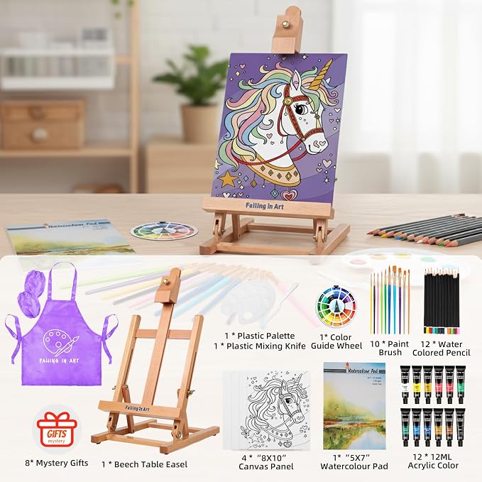 Falling in Art 46 Pcs Kids Acrylic Painting Set with Table Easel, Purple | Art Painting Kit with Paints, Canvas, Paintbrushes, Canvas Supplies Kit for Kids, Adults, Beginners, and Artists