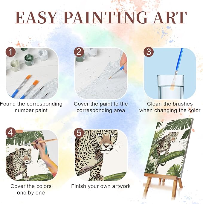 Qoosea Paint by Numbers Kit for Adults with Framed Canvas 4 Pack | Leopard Paint by Number Arts Kits for Beginner with Wooden Easel, Acrylic Set, Brushes for Home Decor, 9*12 Inch