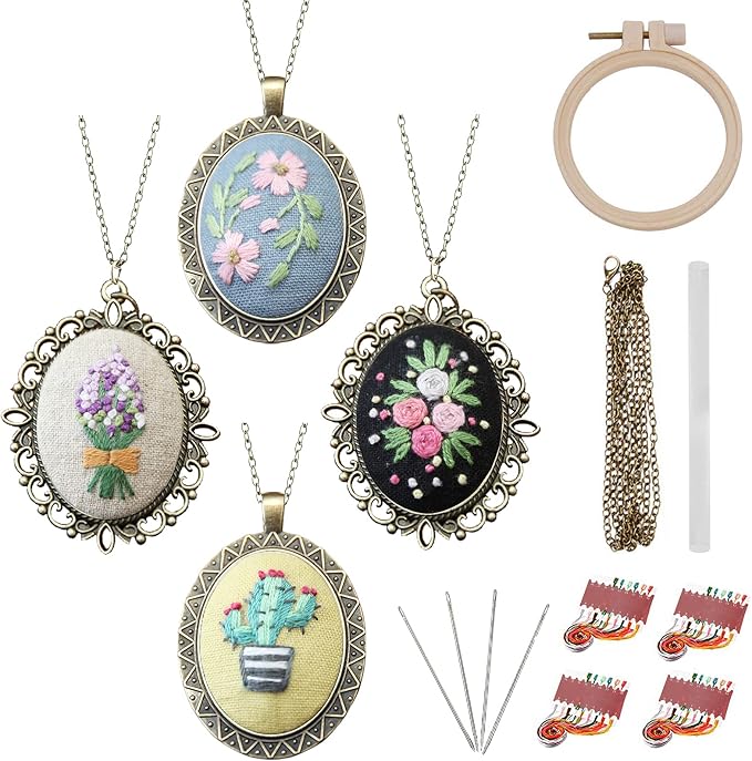 ZOCONE 4 Packs Embroidery Necklace Kits, Embroidery Pendant Kit Mini Cross Stitch Kit with Hoop, Necklace, Pendant, Stamped Pattern Cloth, Instructions, etc. Embroidery Kits for Adults