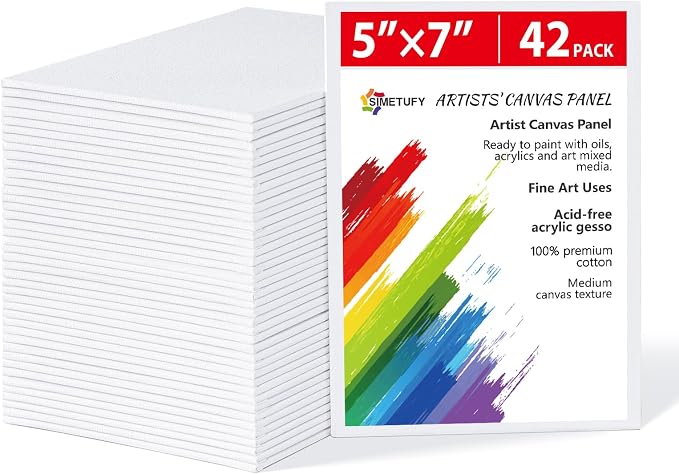 Simetufy 42 Pack 5x7 Inch Small Canvas Boards for Kids Painting | Flat Canvas Panels, Acid-Free 100% Cotton for Acrylics Oil Watercolor Paints