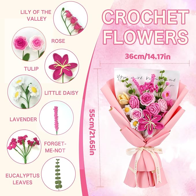 Iuuidu Crochet Kit for Beginners, Rose-Pink Flower Bouquet Crochet Kit