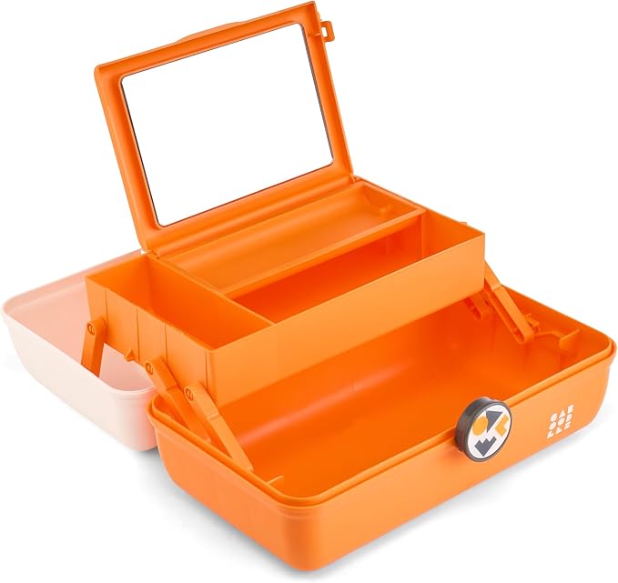 Caboodles School Spirit On-The-Go Girl Makeup Box, White Over Orange, Hard Plastic Makeup Organizer Box, Built-In Mirror, Secure Latch for Safe Travel, Spacious Storage for Large Items