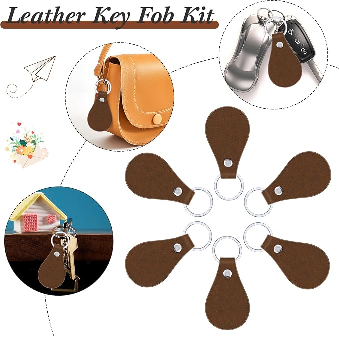 Taiyin 30 Pcs Leather Key Fob Kit PU Leather Keychain Blanks, Golden Brown