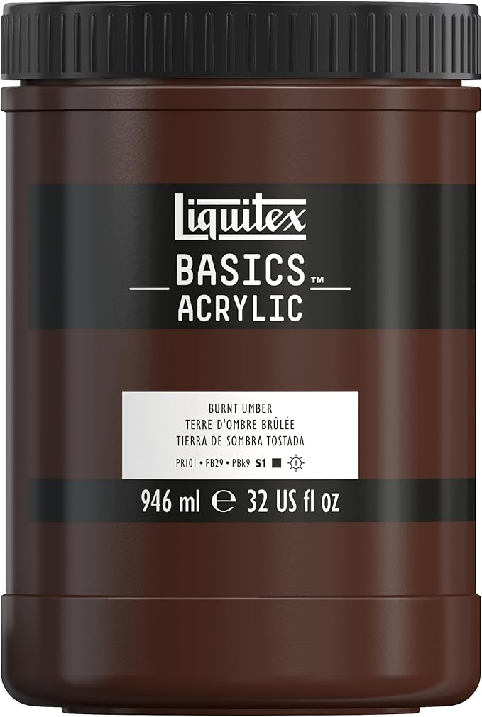 Liquitex BASICS Acrylic Paint, 32-oz Jar, Burnt Umber | Medium Viscosity, Satin Finish, Lightfast, Fine Art Pigments, Range of Opacities, Easy Blending