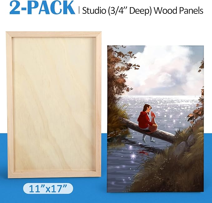 Falling in Art 2 Pack 11x17 Unfinished Birch Wood Panels Kit for Painting | Studio 3/4’’ Deep Wood Canvas, Cradle Boards for Acrylic Pouring, Art, Crafts, Epoxy Resin, Laser Engraving Cutting