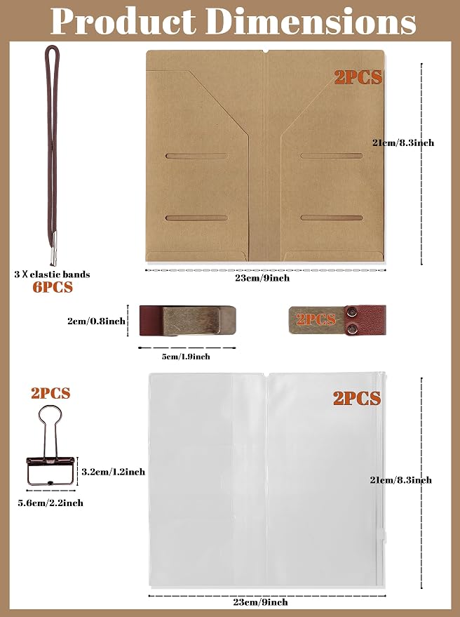 2 Pack Standard Travelers Notebook Accessories Kit Includes Kraft File Folders, PVC Zipper Pouches, Pen Holders, Binder Clips & Elastic Bands for Travel Journal Organizer Supplies