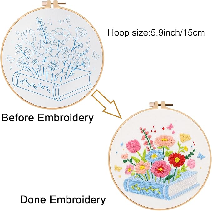 Louise Maelys Floral & Book Embroidery Kit for Beginners DIY Craft Kit | Complete Needlepoint Kit with Embroidery Hoop, Printed Fabric, Color Threads, Needles and Instruction for Easy Hand Stitching
