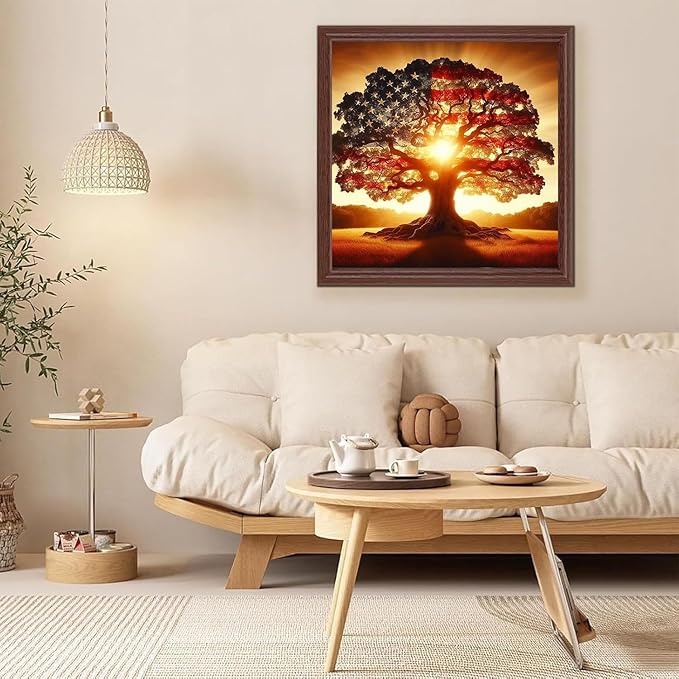 JXDXDJ 5D Diamond Painting Kits for Beginners,Ancient Tree Full Drill Diamond Art Kits for Adults,DIY American Flag Round Diamond Dots for Adults Crafts,Gem Painting Home Wall Decor 13.78x13.78 Inch