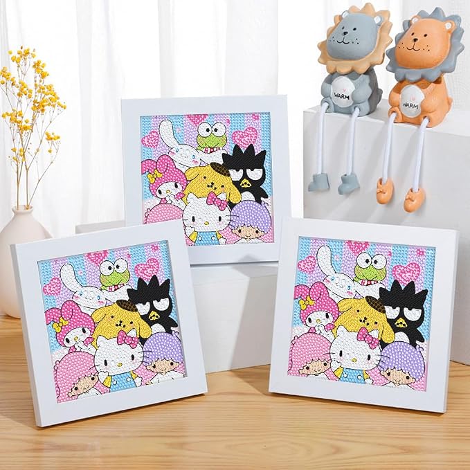Fuinkqe Small Diamond Art Kits for Kids with Frame,Cartoon Diamond Painting Kits for Kids Ages 6-8-12,Paint with Diamonds Gem Art Mosaic Kits for Gifts and Home Decor 7X7 Inch