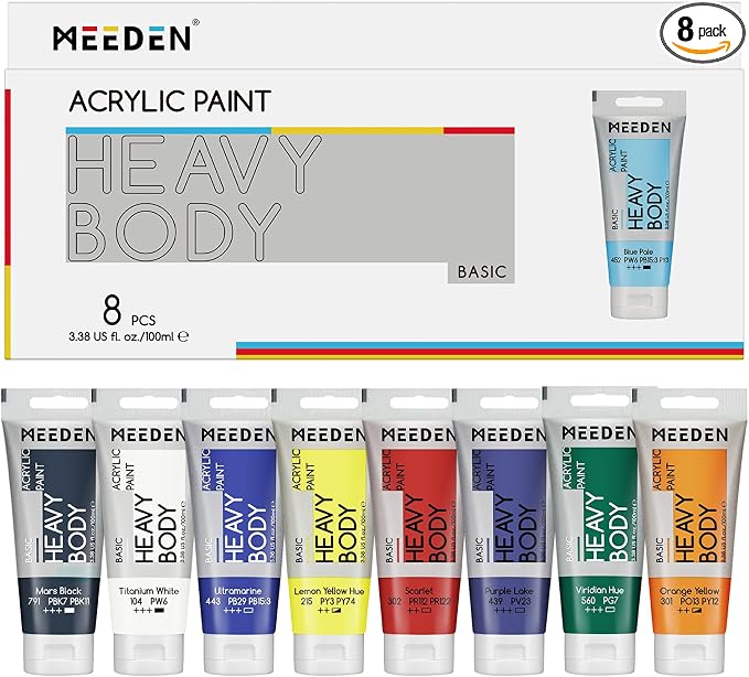 MEEDEN Thick Acrylic Paint Set: Satin Finish 100ml/3.38oz X 8 Tubes | Primary Colors Heavy Body Art Paint Tubes for Christmas Decoration Ornaments Painting