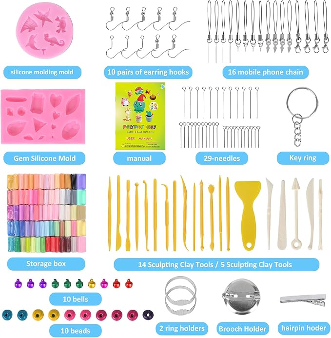 Cyajm 72 Colors Polymer Clay Kit, DIY Jewelry Crafts Gifts for Beginners | oven bake clay kit, soft and easy to use. Create jewelry, miniatures, crafts. Creative gift for adults and beginners.