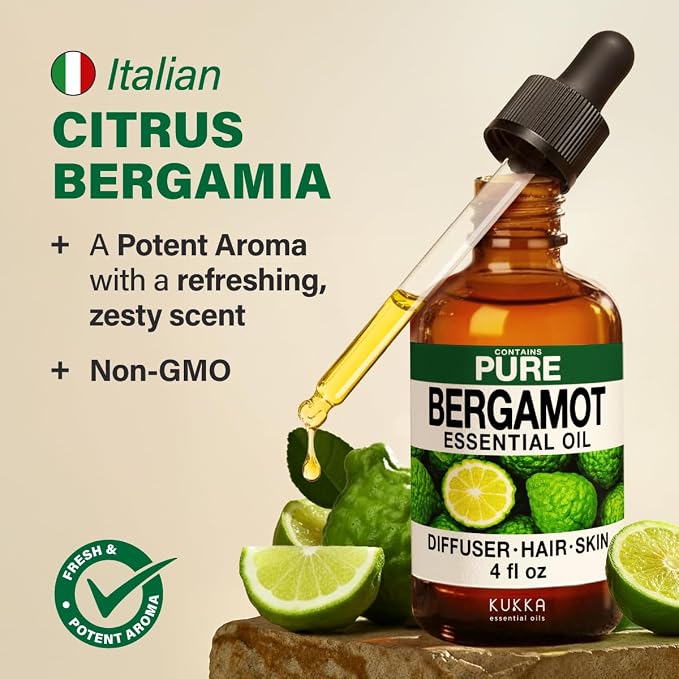 100% Pure Bergamot Oil - 4 Fl Oz Bergamot Essential Oil for Hair, Skin, Diffuser, Aromatherapy & DIY Soap Making Scent (Pack of 2)