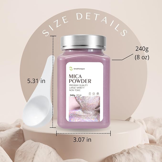 Mica Powder, Silk Purple, 240g with Scoop, Complies with ASTM D-4236 | For Epoxy Resin, Soap, Bath Bomb, Candle| Safety Material| Odorless| Brilliant Colors