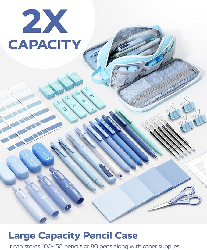 Four Candies Aesthetic School Supplies Kit with Cute Blue Pencil Case