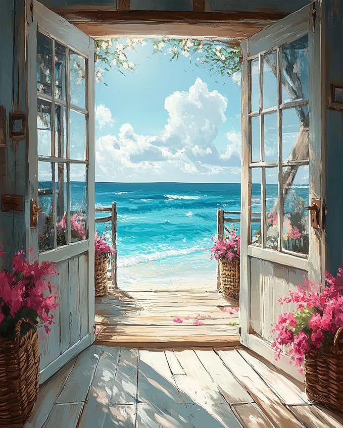 MBNTJHT DIY Scenery Paint by Numbers Kit for Adults on Canvas,Landscape Beach Digital Oil Painting Kit for Adults Beginner,Easy Scenery Acrylic Paint by Number Kits for Holiday Gifts 16X20 Inch.