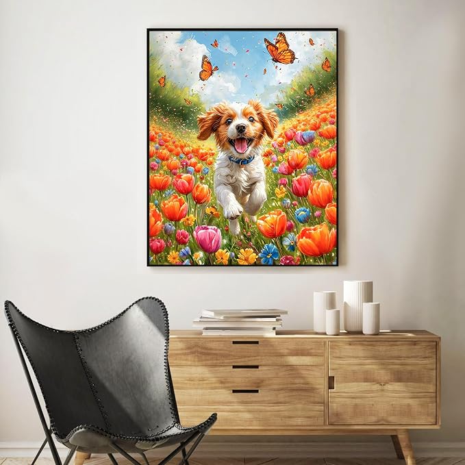 Paint by Numbers Kit for Adults, Happy Puppy & Tulip Design, 16x20 Inch
