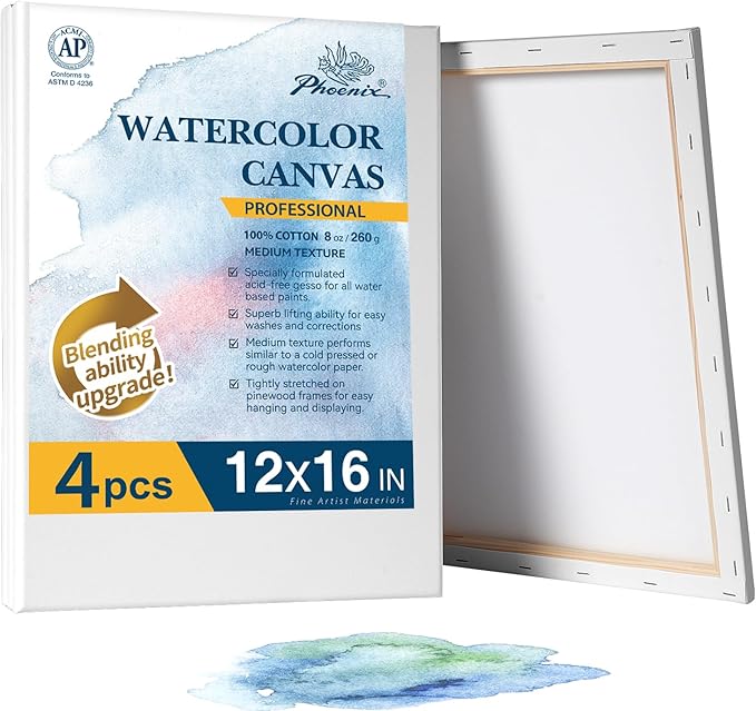 PHOENIX Professional Stretched Watercolor Canvas - 12x16 Inch/4 Pack, 100% Cotton Water Color Canvases for Painting, 8 Oz. / 260g White Blank Medium Texture Canvas for Water Based Paints