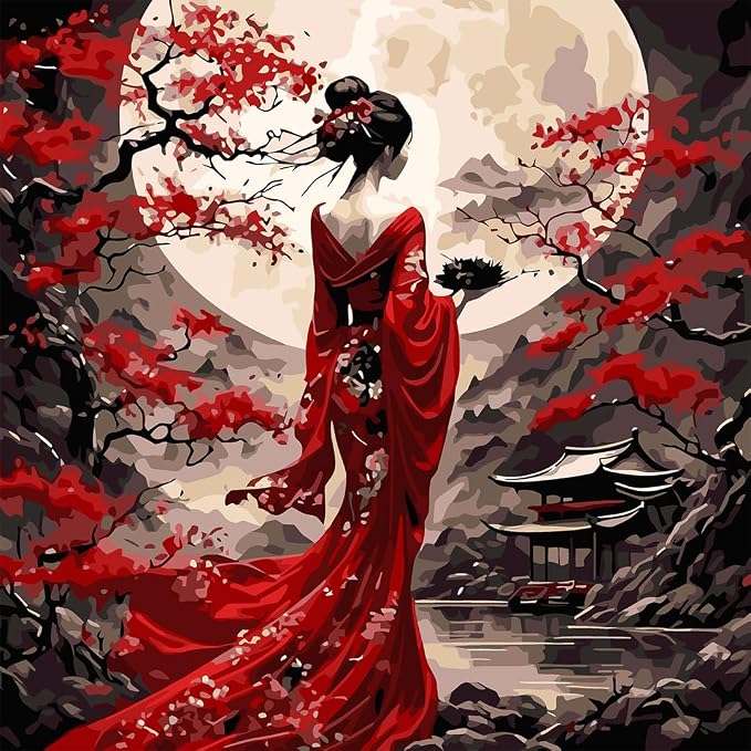 OJTOYART Paint by Number Kits for Adults, Oriental Lady & Moon Paint by Number Kits on Canvas, DIY Acrylic Watercolor Oil Colorful Painting by Number for Adults Home Decor 16 x 16 Inch