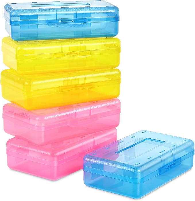 Sooez Plastic Pencil Case Box 6 Pack, Colored Large Craft Storage Bulk