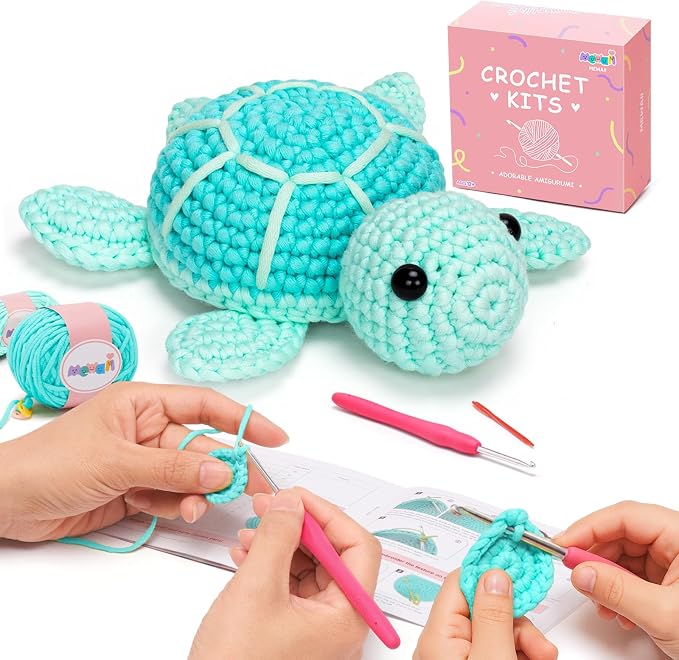 Mewaii Blue Sea Turtle Crochet Kit for Beginners, 40% Extra Yarn | Video Tutorial, Pre-Started Piece, Gift Box, Level 1 Starter Kit, Family Craft for Adults, Kids & Beginners
