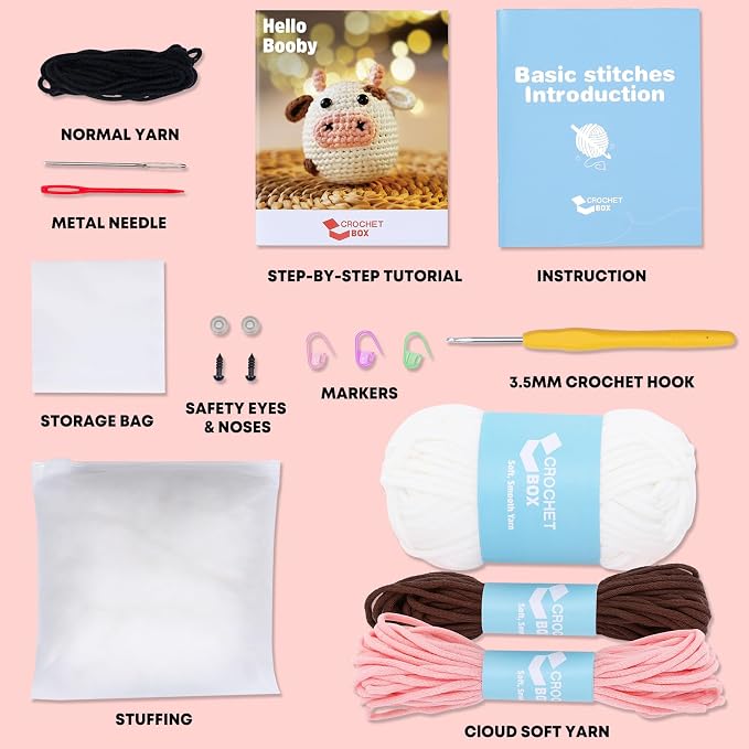 Crochet Kit for Beginners: Cow Crochet Kit, Including Step-by-Step Video Tutorials, Instruction, Hook, Accessories, Surprise Birthday Gift for Adults, Relaxing Crafts