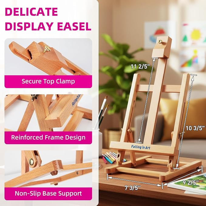 Falling in Art Kids Tabletop Easel Set, Portable Art Easel Painting Kits | 52 Pcs Wooden Easel for Painting Canvases, Including 12 Colors Acrylic Paints, 10 Paintbrushes and 4 Canvas Panels, Pink