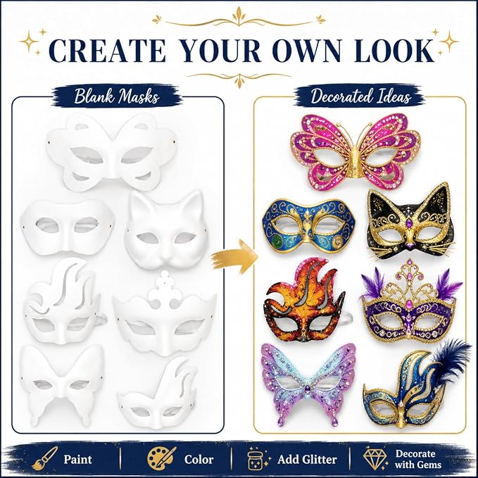 42 Pcs Blank Paper Mache Masks DIY Masquerade Masks Paintable Craft Masks | For Party, Art Projects & School Activities, Theater, Halloween, Cosplay, Couples, Mardi Gras, Half-Face Masks White 7 Styles