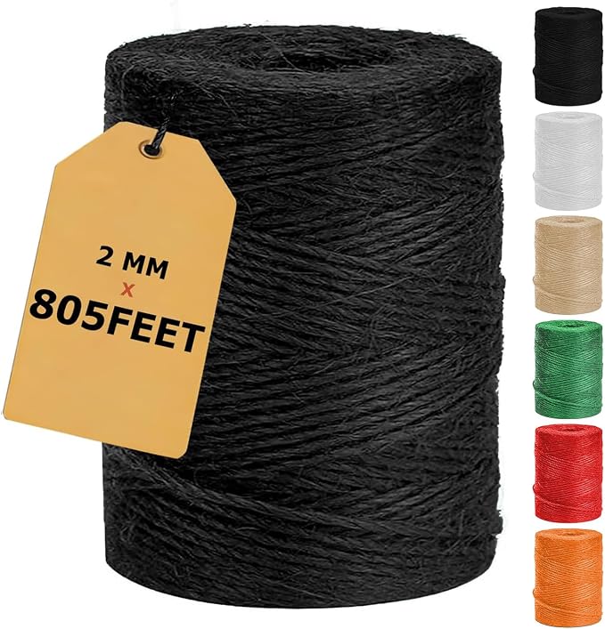 Vanhench Black Jute Twine String 805ft, Black Hemp Jute Rope Cord | For Christmas Decorations, Arts & Crafts, Gift Wrapping, String for Bracelets, Art Decoration Packing Material