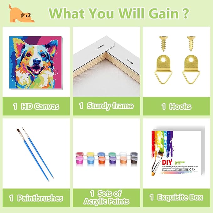 ajepon Dog Paint by Numbers Kit for Kids with Frame - Dog Paint by Number for Kids, Kid Painting by Number Kits Age 6-8 for Home Wall Decor 8X8inch (with Wooden Easel)