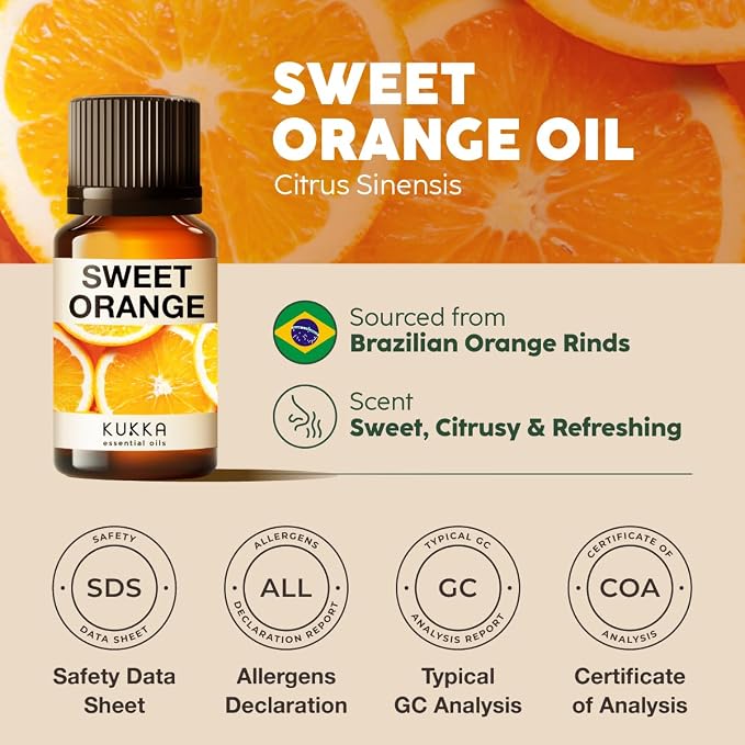 Kukka 100% Pure Orange Essential Oil for Skin, Diffuser, 1.02 Fl Oz | Undiluted Sweet Orange Oil for Uplifting Diffuser Blends, Natural Cleaning Spray, Hair & Skin Care & DIY Soap Making