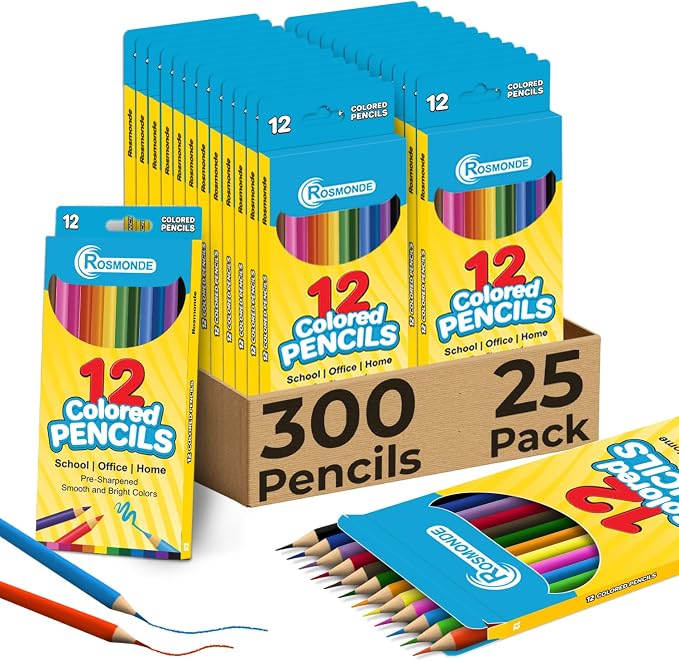 Rosmonde Colored Pencils Bulk 25 Pack | 300 Pencils, 12 Bright Colors | Assorted Pre Sharpened Colors Set, Easy Grip, Ready to Use Pencils for Teachers, Classroom, Art Stations & Coloring Projects