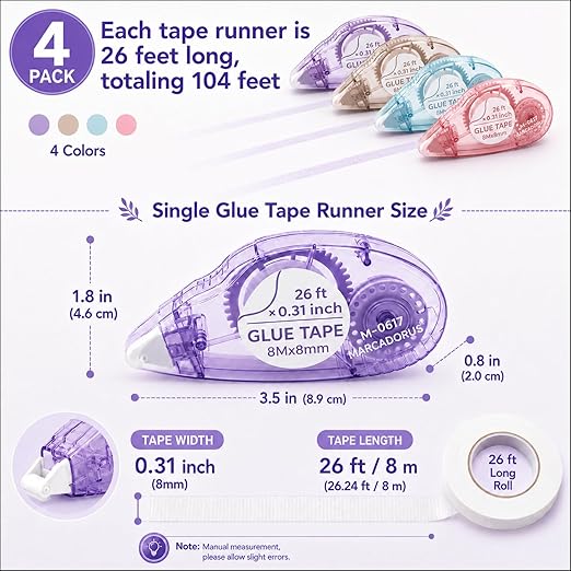 MARCADORUS Glue Tape for Scrapbooking, Double Sided Tape Roller 106Ft Total | 4-Pack_26Ft x 0.31In Tape Runner, Adhesive for Photos, Card Making, Paper Crafts, School, Journaling & Scrapbooking Supplies