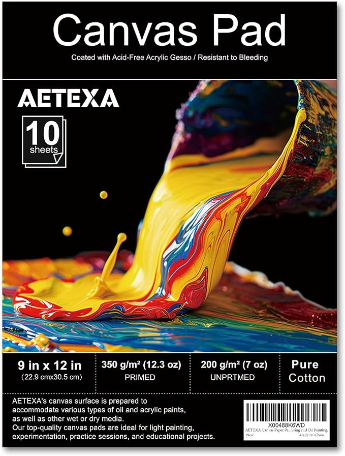 AETEXA Canvas Paper Pad, 9”x12” Canvas Pad, 10 Sheets, 12.3 oz Gesso, Glue Bound, Art Supplies for Adults and Teens, for Acrylic Pouring and Oil Painting.