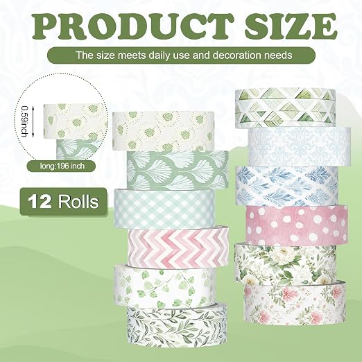 12 Rolls Floral Washi Tape Set,Watercolor,Garden | Watercolor Flowers Design for Scrapbook Journal DIY Craft School Supplies, 15 mm Vintage Decorative Masking Washi Tapes