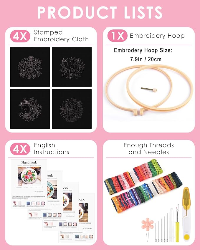 TINDTOP 4 Pack Embroidery Kit for Adult, Embroidery DIY Starter Kit, with Stamped Patterns, Hoop, Tools, Colorful Threads with Needles, Instructions