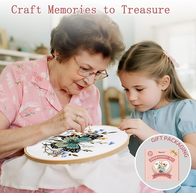 Meyocky Butterfly Flower Embroidery Kit for Beginners with Stitch Videos | 3 Pre-Printed Patterns Embroidery Kits for Adults, Step-by-Step Guide, Hoop Threads Needles, Sewing Hand Craft Gift for Women