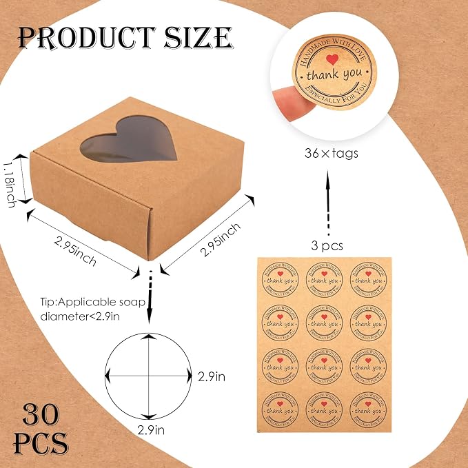Moukiween Soap Boxes for Homemade Soap, Soap Packaging Gift Box with Window | 2.95 X 2.95 X 1.18 Inch Soap Packaging Gift boxes Brown with Window, Small Square Soap Wrapping Boxes (30PCS)