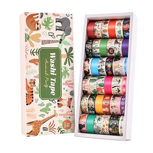 icceemee 36 Rolls Animal Theme Washi Tape Set, Colorful Cute Adorable Animals Writable Decorative Tapes for Scrapbooking, Junk Journal Supplies, Bullet Journaling, 0.6"x79" per Roll