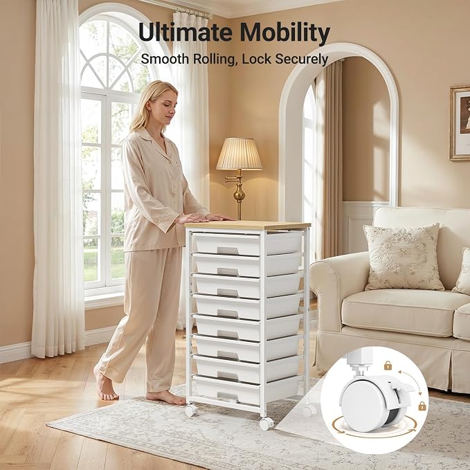 Pipishell Rolling Cart with 8 Drawers for Classroom, Craft & Art Room,White